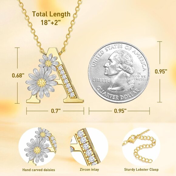 Gold Sterling Silver Initial Necklace for Women with Daisies & Zirconia, Adjusta - Picture 4 of 6